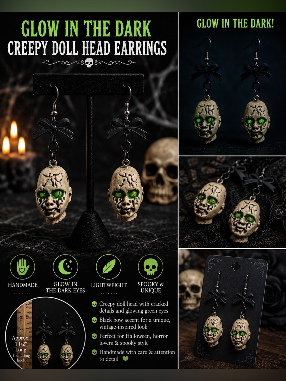 Glow-in-the-Dark Creepy Doll Head Earrings — Green Eyes